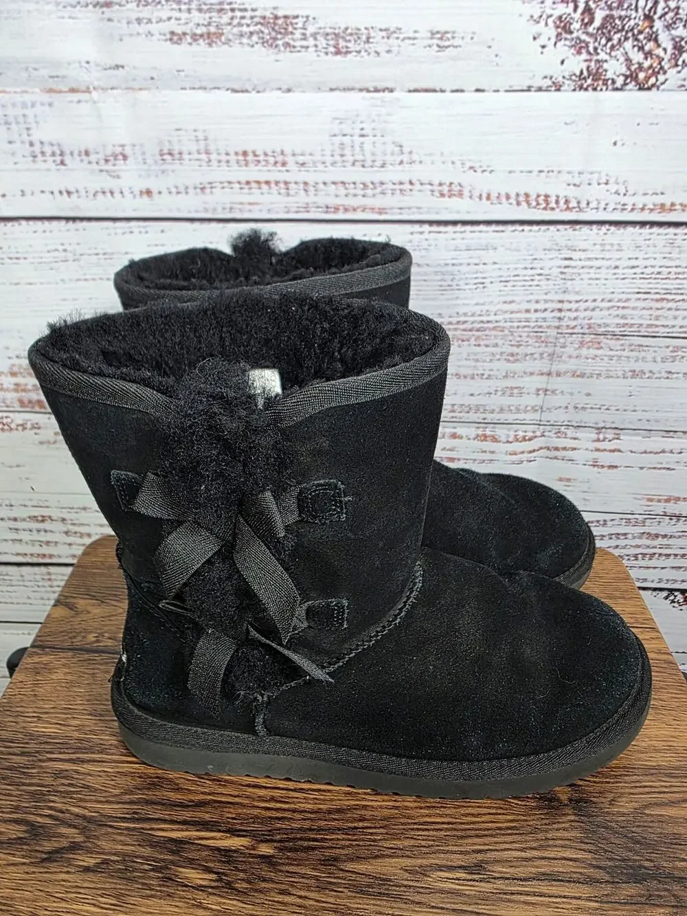 UGG Koolaburra Boots Womens 8 Black Suede Shearling Mid Calf Bows
